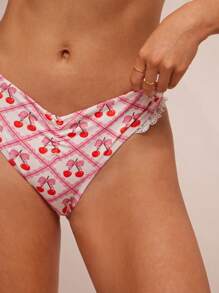WESTFADE Summer Mixed Cherry & Bows Print Ruched Low V Shape Waist Ruffle Lace High Cut Leg Bikini Bottoms Spring Beach Vacation - Pink - View 2