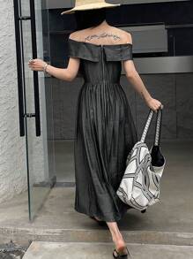DAZY Gaun Maxi Lengan Pendek Tanpa Bahu untuk Wanita dari Denim - Hitam - View 4