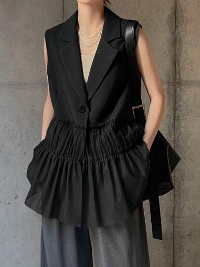 FRIFUL 女士黑色网纱拼接西装外套，优雅专业，适合秋冬商务正装及休闲装扮