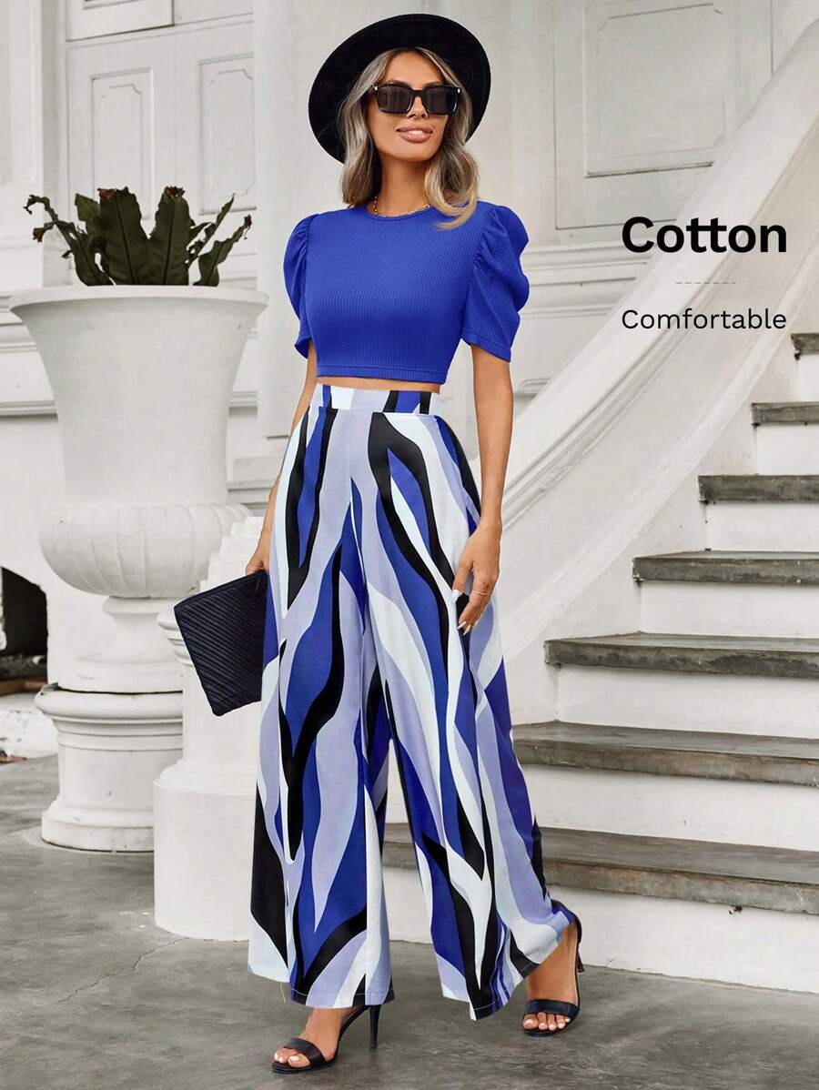 SHEIN Clasi 2pcs Set Women Solid Color Puff Sleeve Top And All-Over Print Pants - Royal Blue - View 1