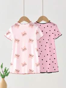 SHEIN 女婴小猫和心形图案连衣裙家居服套装，适合夏季 - 彩色 - 查看 2