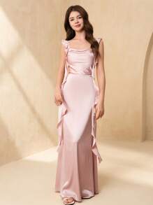 SHEIN Flower Girl & Teens Girl Formal Ruffled Strap Satin Mermaid Dress, Suitable For Wedding, Prom, Birthday Party, Performance