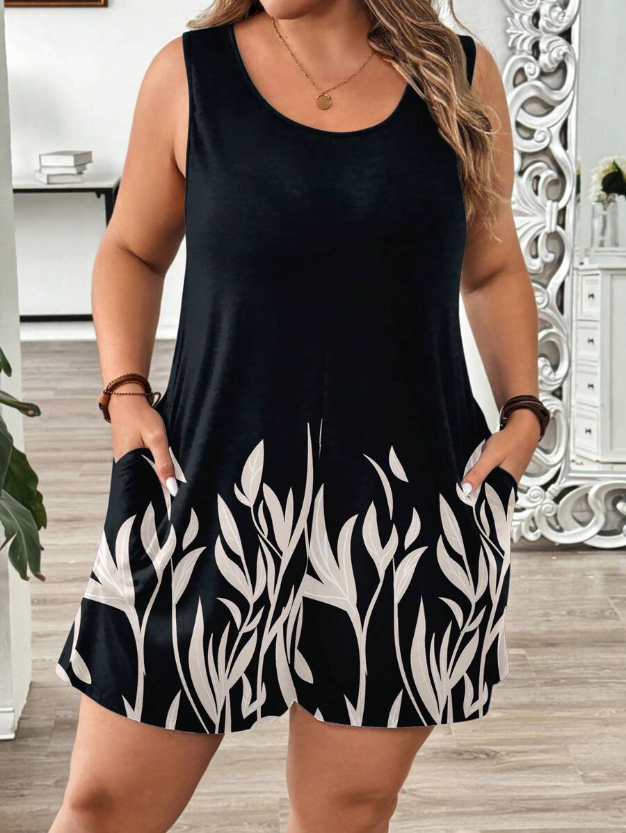 EMERY ROSE Casual Versatile Vintage Leaf Branch Printed Jumpsuit, Simple Design, Plus Size, Suitable For Spring & Summer - Multicolor - View 1