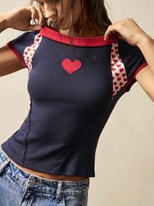 Bohemela 针织拼布插肩袖圆领修身短款女式 T 恤