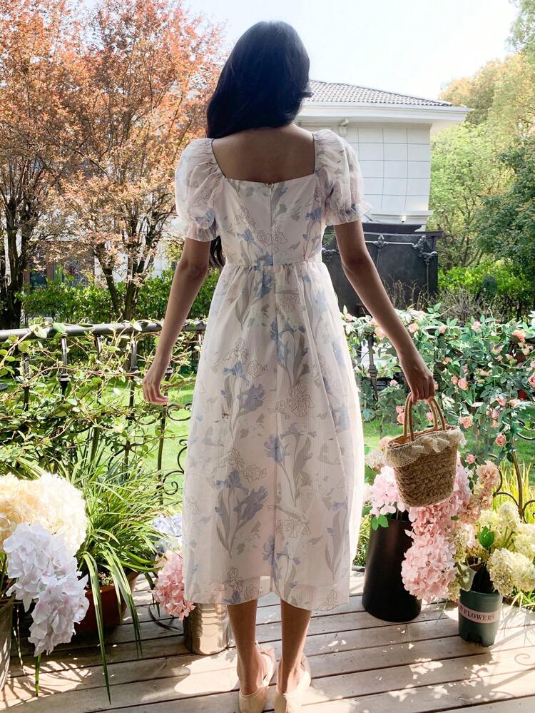 Women's Floral Print Puff Sleeve Stand Collar Mid-Length Dress,Ruffle Boho