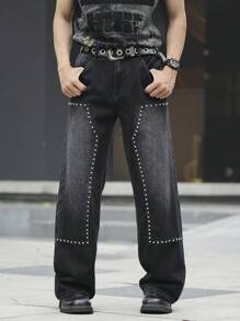 Manfinity LEGND Men's Black Denim Avant-Garde Street Casual Jeans With Zipper Details And Studded Accents