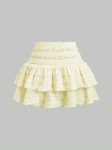 Sweetra Falda mini casual y de resort Y2K con dobladillo de doble capa y ribete de volantes de unicolor - Amarillo - Ver 2