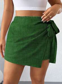 Breezaya Plus Size Women Side Knotted Asymmetrical Hem Casual Skort Faux Denim