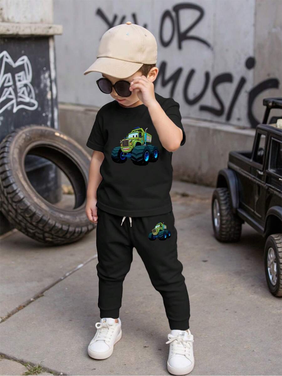SHEIN 男童休闲工程车印花短袖T恤和裤子套装 - 黑色 - 查看 1