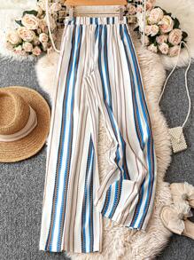 Breezaya Quần ống rộng kẻ sọc màu tương phản thường ngày cho kỳ nghỉ - Nhiều màu - Xem 2