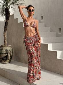 SHEIN Swim 3 pezzi set da bagno: top a triangolo senza ferretto con stampa casuale, pantaloncini da bagno con lacci laterali e pareo lungo in rete, costume da bagno da donna per vacanze estive in spiaggia