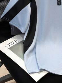 SHEIN 青少年男孩休闲宽松百搭运动拼色设计短袖 T 恤，适合外出 - 淺藍色 - 查看 4