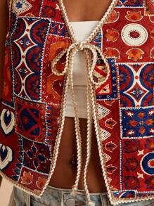 Travachic Áo khoác mỏng không tay buộc dây phía trước họa tiết hoa dành cho nữ, trang phục đi nghỉ, phong cách Old Money, Ngày của Mẹ vào mùa thu/đông - Nhiều màu - Xem 7