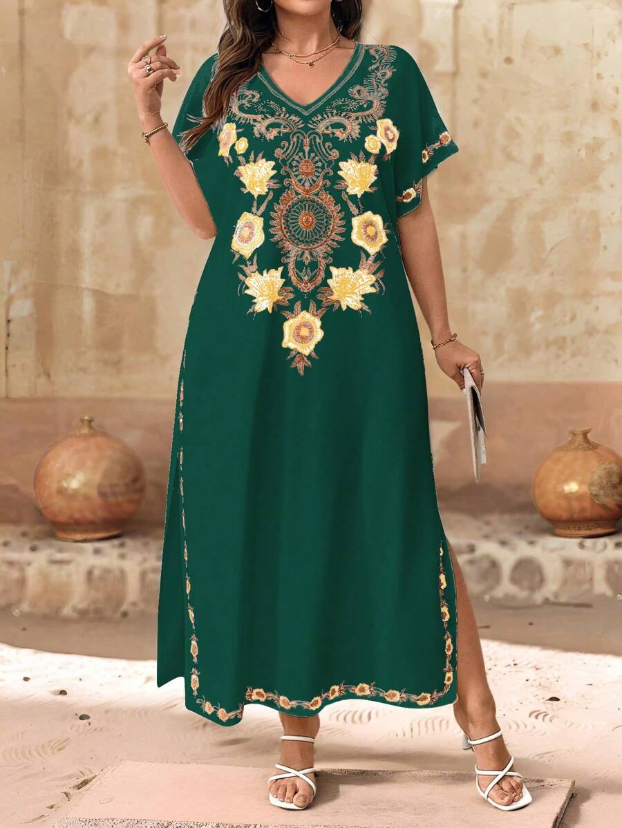 SHEIN LUNE Plus Size Floral Print Side Slit Casual Dress, Summer - Green - View 1