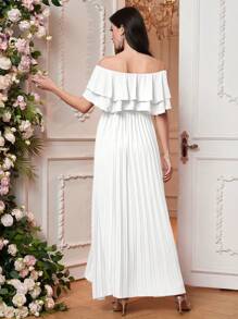 SHEIN 孕妇露肩蛋糕裙，优雅华丽的派对/约会连衣裙，带蝴蝶结细节，适合婴儿洗礼 - 白色 - 查看 2