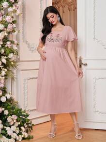 SHEIN 孕妇夏季优雅花卉刺绣连衣裙 - 粉色 - 查看 5