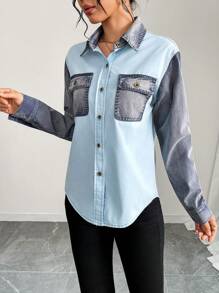 EMERY ROSE Color Block Long Sleeve Casual Denim Shirt - Blue - View 3