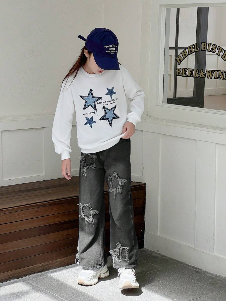2pcs/Set Tween Girl Printed Sweatshirt And Straight-Leg Jeans Pants Outfit - Black - View 1