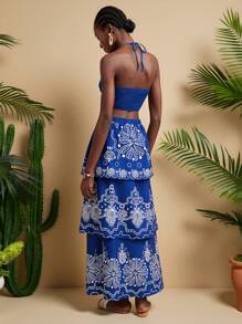 Travachic Women's 2pcs Set: Floral Print Halter Cropped Top & Skirt, Holiday Outfit,Two Pieces Set Women,Vacation Outfits Women,Boho,Summer - Blue - View 2