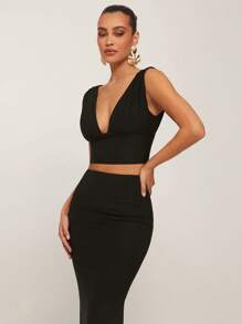 Silquee Spring&Summer Women's Solid Black V-Neck 2 Pieces Set, Vacation 2 Pieces Set, High Stretch Fitted 2 Pieces Set, Super Long Skirt 2 Pieces Set, Date Night Skirt 2 Pieces Set, Elegant Maxi Dress 2 Pieces Set, Sexy V-Neck Top,Business Casual Set,Graduation Outfit,Prom Outfits For Woman - Black - View 1