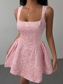 Aloruh 女士优雅提花中长连衣裙，夏季 - 粉色 - 查看 6