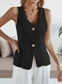 SHEIN Clasi Women's Spring/Summer French Style Elegant Office/Casual/Holiday Comfortable Linen V-Neck Metal Button Front Vest Shirt - Black - View 3