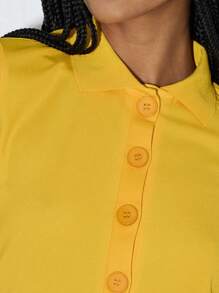 COUREZ 女士夏季短款Polo衫，休闲外出上衣，Y2K风格，休闲度假复古风 - 黃色 - 查看 8