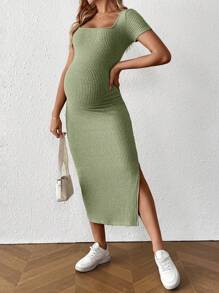 SHEIN Đầm bầu tay ngắn cổ vuông màu trơn xẻ tà đơn giản cho bà bầu - màu xanh lá - Xem 7
