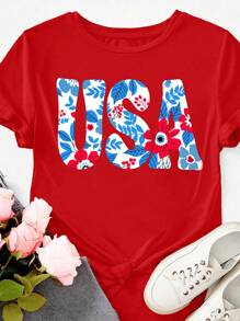 SHEIN Unity USA Text Slogan Printed On A Short Sleeve T Shirt - Red - View 3