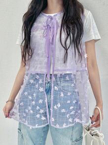 FRIFUL Women's Sleeveless Top With Mesh Fabric, Floral Decor, Bowknot Tie, Contrasting Color, Summer Wear For Ladies,Ruffle - Purple - View 6