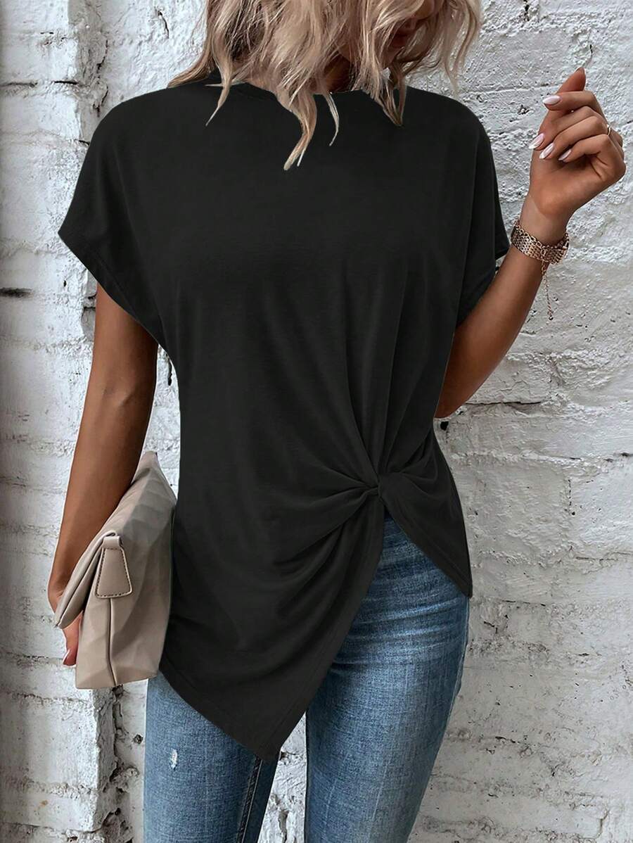 SHEIN LUNE 女士宽松圆领短袖蝙蝠袖休闲纯色 T 恤 - 黑色 - 查看 1