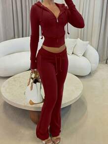 INAWLY Solva 女士 2 件套拉链连帽夹克和纯色裤子