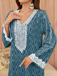 Al Najma Women V-Neck Lace Patchwork Flare Sleeve Arabic Style Long Dress, Modest Kaftan - Blue - View 6