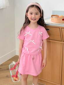 DAZY Set de 2 piezas de moda para niña: Camiseta de manga corta de cuello redondo de punto + Falda - Rosa - Ver 3
