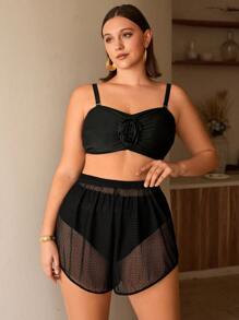 Swim Lushoire Set di top trasparente e pantaloncini in colore unito con vita regolabile adatto all'estate e alla spiaggia, in taglie comode