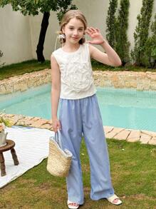 Set da 2 pezzi per ragazze pre-adolescenti, con top canottiera in in rete con fiori 3D e pantaloni larghi e dritti a righe - Multicolore - Visualizzare 5