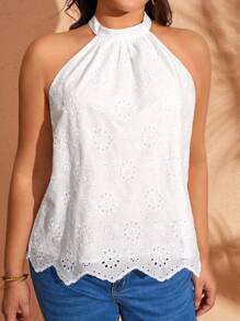 EMERY ROSE Plus Size Summer Minimalist Elegant Solid Color Hollow-Out Embroidery Halter Blouse Summer For Women - White - View 3