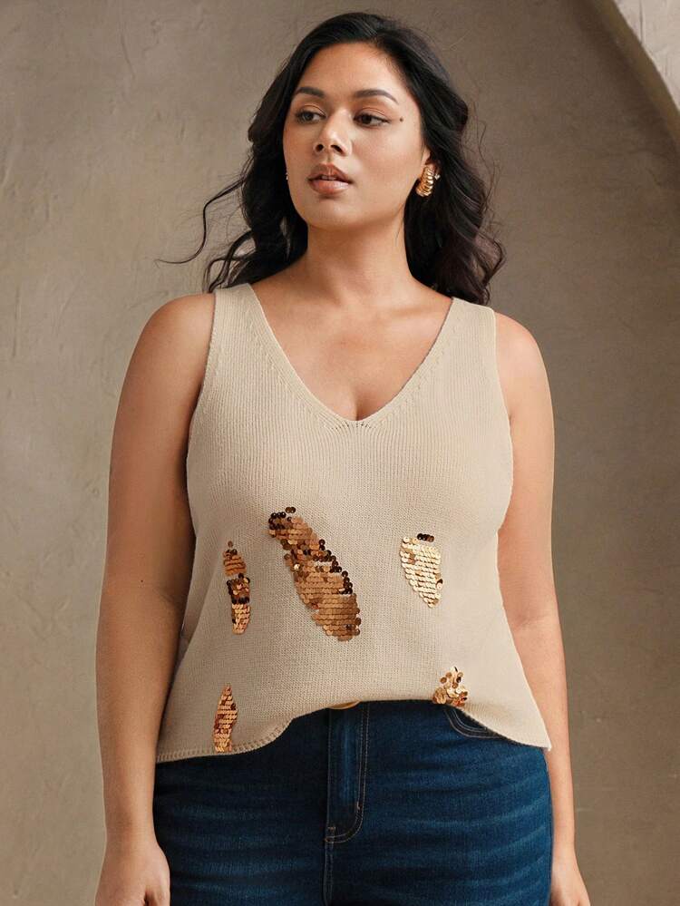 Canotta elegante con scollo a V e paillettes, taglie forti, adatta per primavera, estate, festival, casual, vacanze, spiaggia, elegante