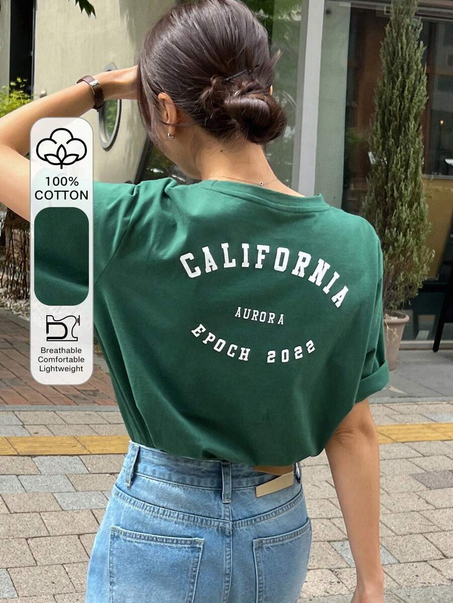 DAZY Letter Graphic Tee Oversized T-Shirt Preppy Tops - Dark Green - View 1