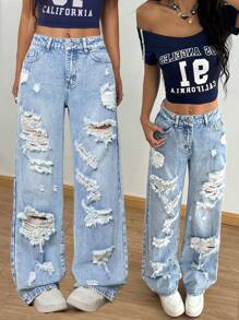 SHEIN ICON 女式口袋破洞阔腿宽松休闲百搭牛仔裤 - 藍色 - 查看 7