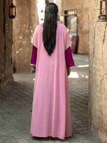 SHEIN Najma Modest Long Fabric Kaftan For Women: Pink Layered Design With Short Sleeves And Crystal Embellishments - Pink - View 2