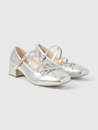 Kawaii Women's Silver Mary Jane Leather Shoes, Closed Toe, Chunky Heel, Bowknot Strap Loafers, Formal Work Heels