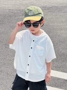 SHEIN Camicia casual con cappuccio a maniche corte in tessuto strutturato stile coreano da ragazzo, adatta per pendolarismo, scuola, abbigliamento casual quotidiano, sport, primavera/estate