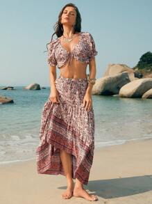 Swim Oasis 2pcs/Set Women Summer Floral Print Cropped Top And Skirt - Multicolor - View 5