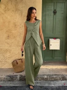 Breezaya Conjunto de 2 prendas de estilo bohemio de lino para vacaciones para mujer