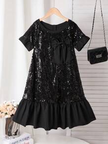 Tween Girls Cute Bow & Sequin Sparkle Round Neck Short Sleeve Maxi Dress, Spring/Summer - Black - View 1