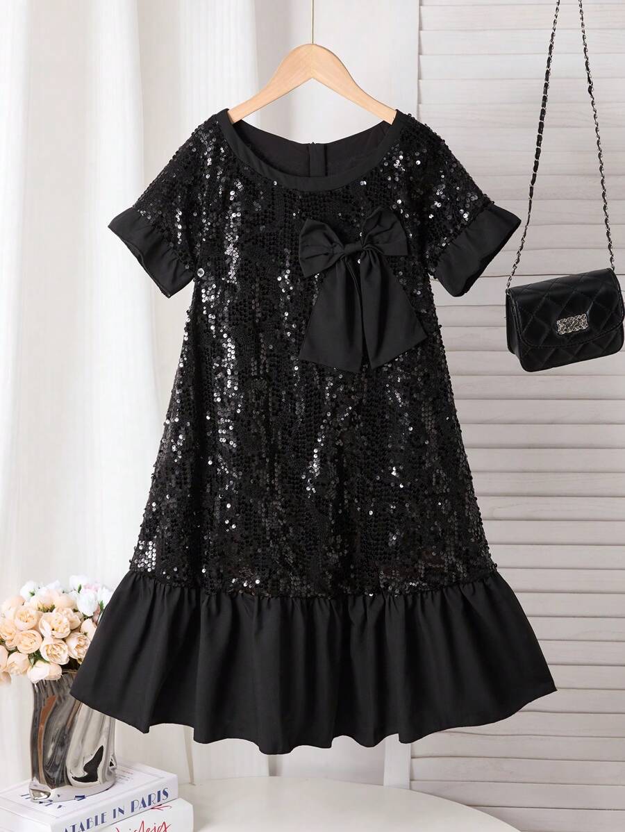Tween Girls Cute Bow & Sequin Sparkle Round Neck Short Sleeve Maxi Dress, Spring/Summer - Black - View 1