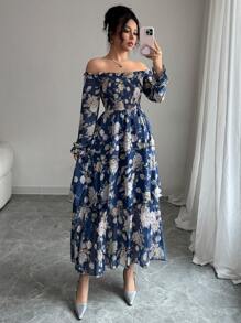 Modelyn 女式露肩褶皱连衣裙，法式风格