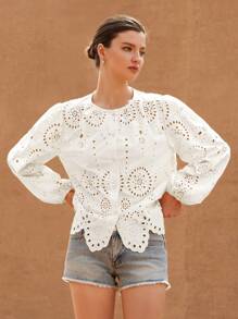 Frievida Áo cánh nữ tay dài cổ tròn thêu viền phong cách Boho thời trang cho mùa xuân thu - trắng - Xem 5