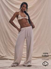 MUSERA Drawstring Lightweight Trousers Summer Linen Trousers Holiday Vacation Casual Elegant Cute Chic - Cream - View 1